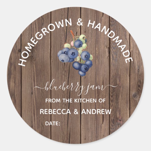 Homegrown & Handmade Blueberry Jam Barn Wood Classic Round Sticker (Front)