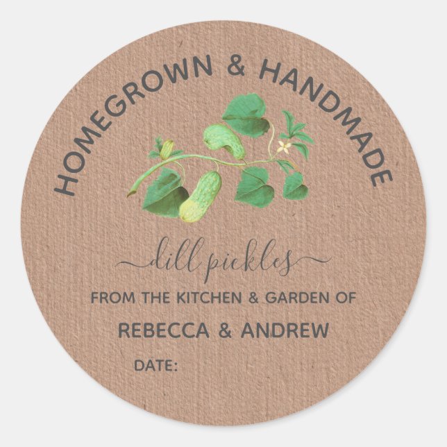 Homegrown & Handmade Dill Pickle Kraft Paper  Classic Round Sticker (Front)