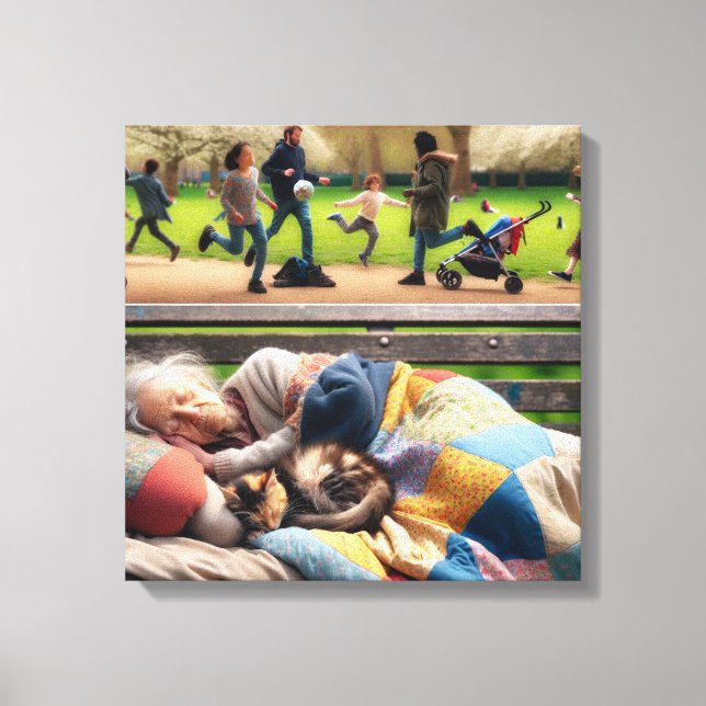 Homeless Lady Napping on a Park Bench Canvas Print (Front)