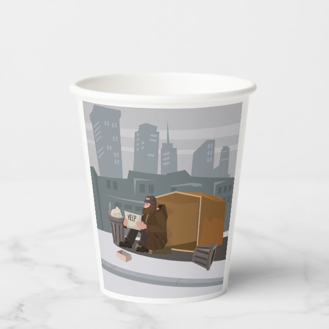 Homeless Man Holding Help Sign Urban Poverty Paper Cups (Front)