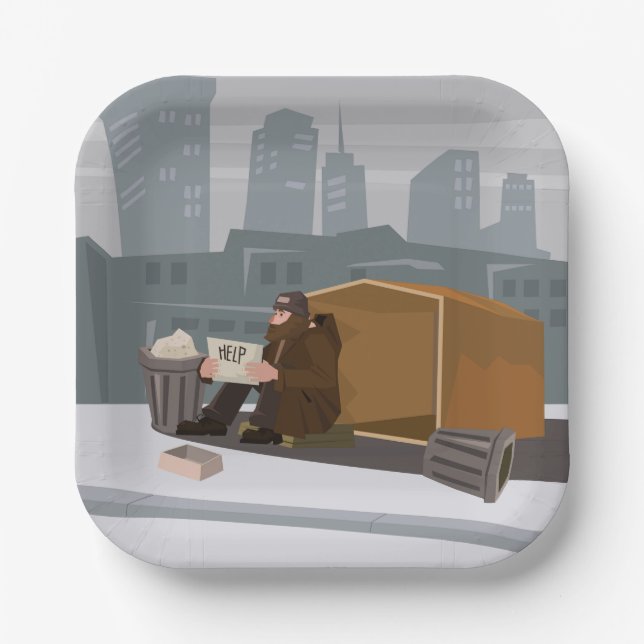 Homeless Man Holding Help Sign Urban Poverty Paper Plate (Front)
