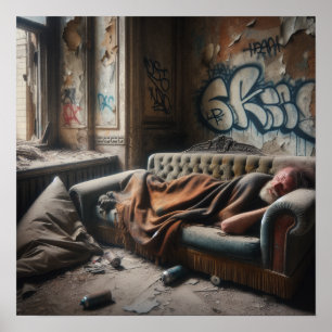 Homeless Man Napping in Abandoned Building Poster