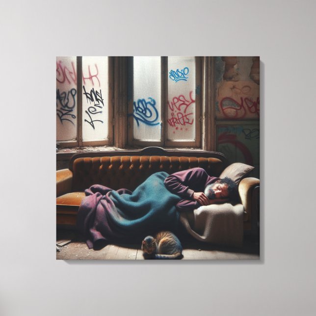 Homeless Man Sleeping in Abandoned Building   Canvas Print (Front)