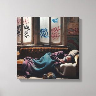 Homeless Man Sleeping in Abandoned Building   Canvas Print