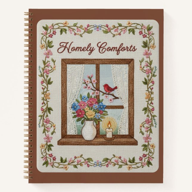 Homely Comforts Embroidered Window & Floral  Notebook (Front)
