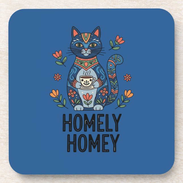 Homely homey cosy blue cat design coaster (Front)