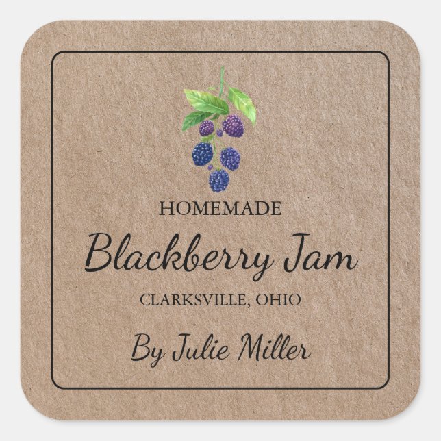Homemade Blackberry Jam Square Kraft Paper Label (Front)
