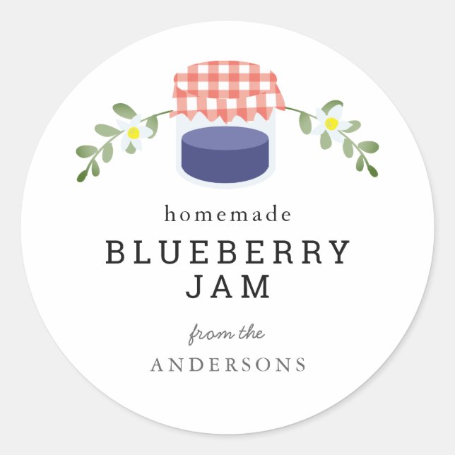 Homemade Blueberry Jam Jar Floral White Classic Round Sticker (Front)