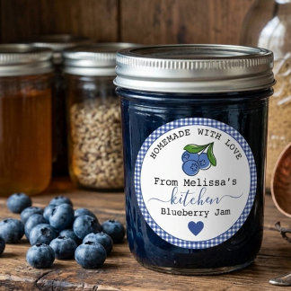 Homemade Blueberry Jam Rustic Blue Gingham Classic Round Sticker