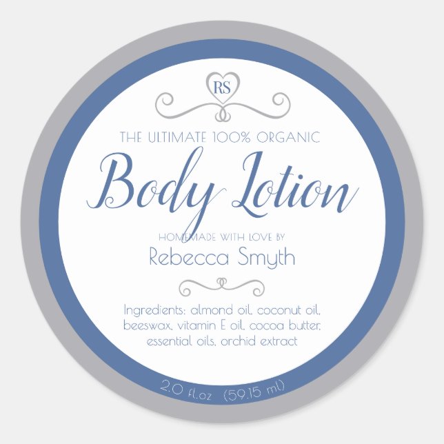 Homemade body lotion ingredients blue silver label (Front)