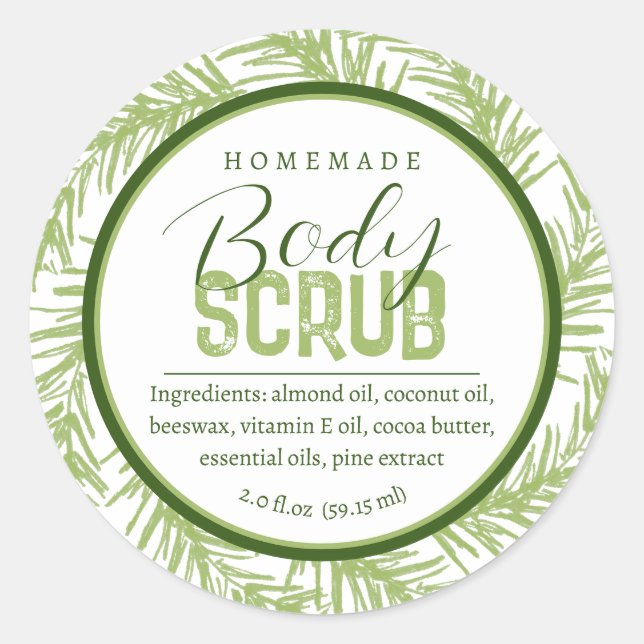 Homemade body scrub ingredients green botanic pine classic round sticker (Front)