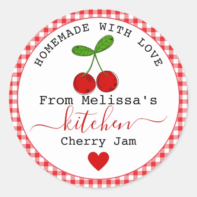 Homemade Cherry Jam  Rustic Farmhouse Red Gingham  Classic Round Sticker (Front)