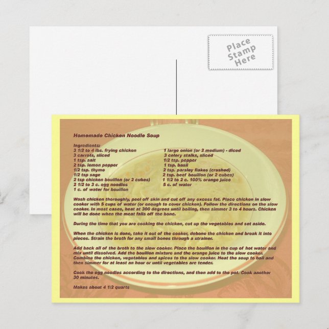 Homemade Chicken Noodle Soup Recipe Postcard (Front/Back)