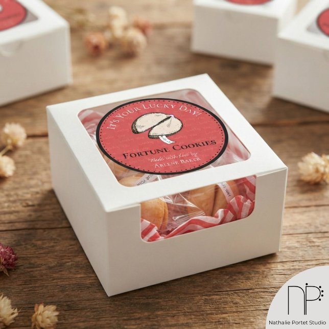 Homemade Chinese Fortune Cookie Red DIY Labels (Homemade Fortune Cookie Sticker Labels red and black with hand-drawn fortune cookie and lucky phrase)