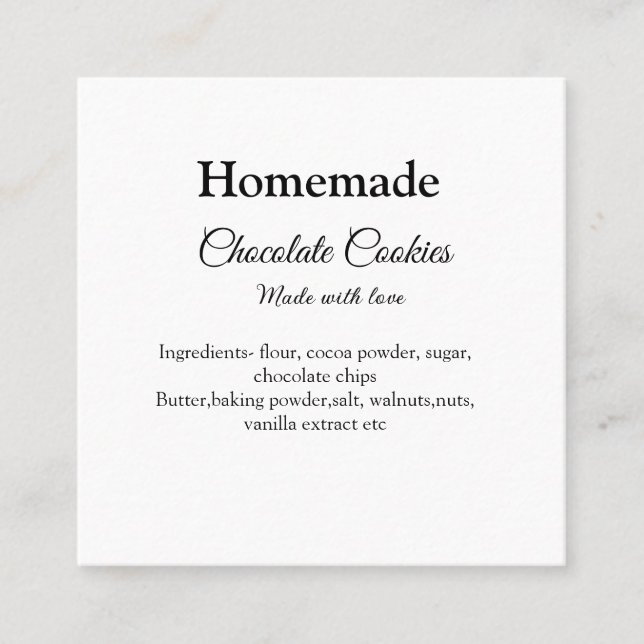 Homemade chocolate cookies made with love add text square business card (Front)
