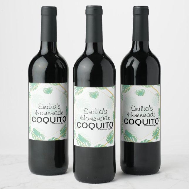 Homemade Coquito Recipe Palm Leaf Pattern Wine Label (Bottles)