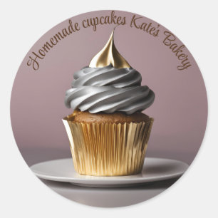 Homemade Cupcakes Gold Beige Silver Round Sticker