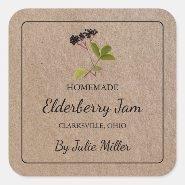 Homemade Elderberry Jam Square Kraft Paper Label (Front)