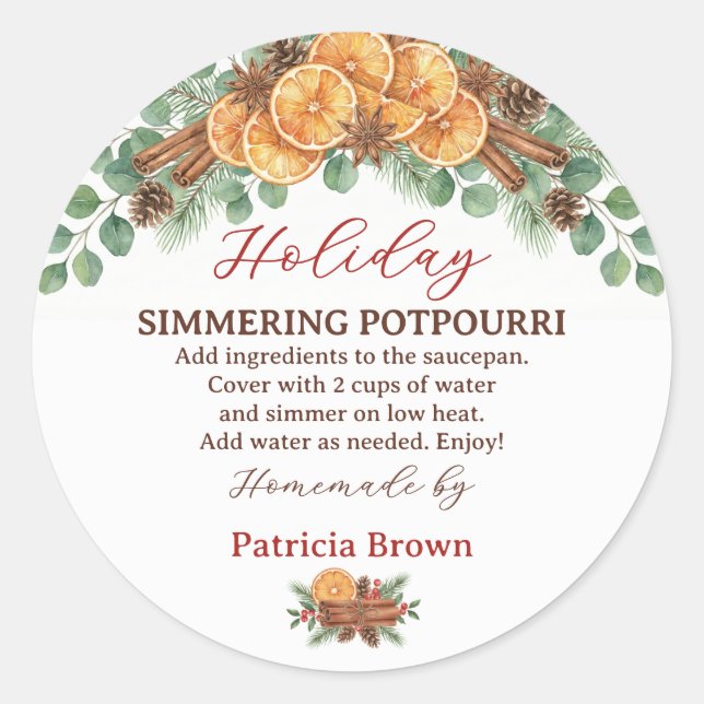Homemade Holiday Simmering Potpourri Recipe Classic Round Sticker (Front)