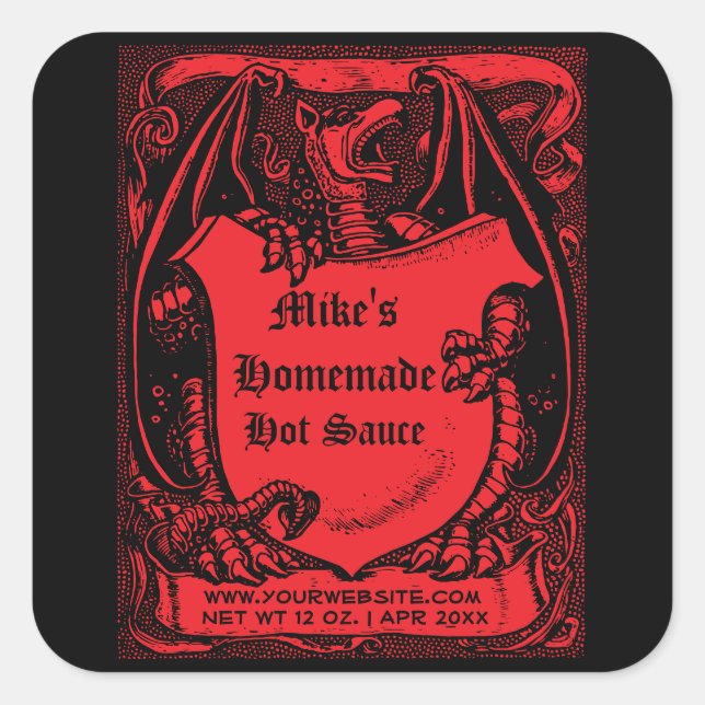 Homemade Hot Sauce Mediaeval Dragon Template Square Sticker (Front)