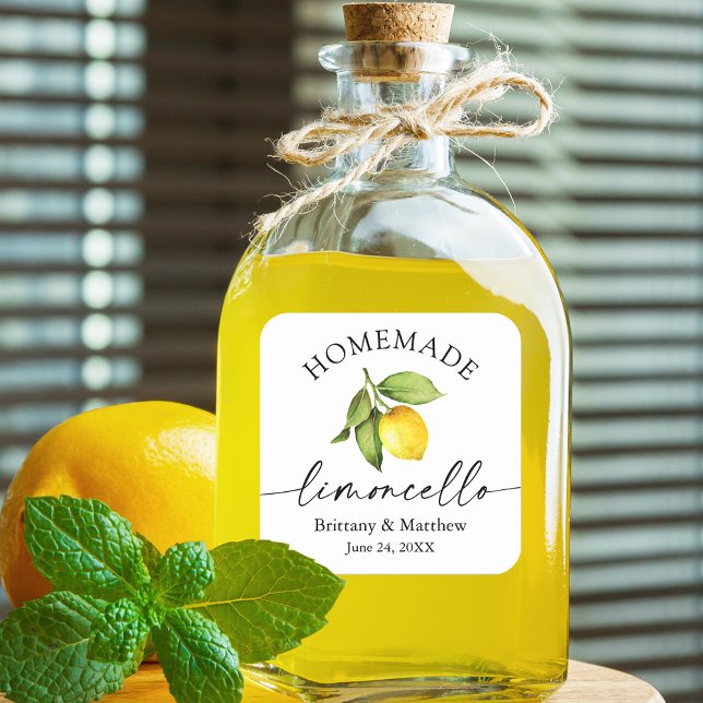 Homemade Limoncello Calligraphy Watercolor Lemon Square Sticker (Customize to change your personalized text size or text style.)