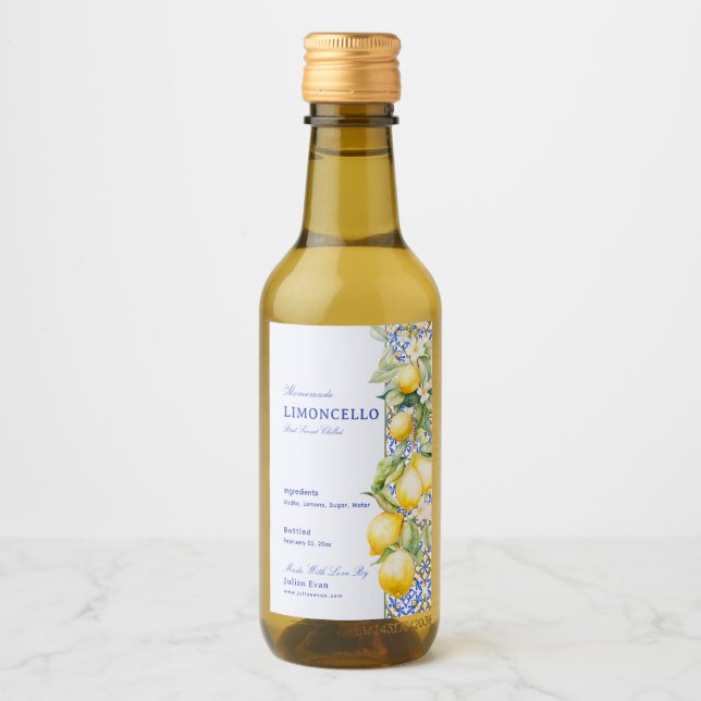 Homemade Limoncello Italian Blue Tile Floral Lemon Wine Label (Front)