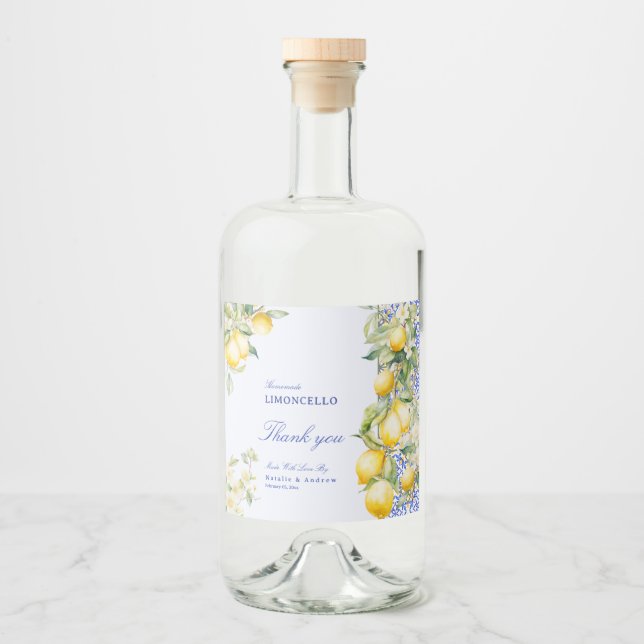 Homemade Limoncello Mediterranean Tile Thank you Liquor Bottle Label (Front)