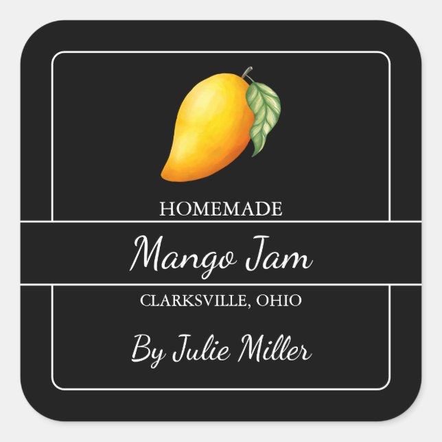 Homemade Mango Jam Square Label Black (Front)