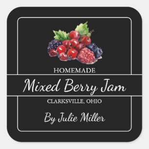 Homemade Mixed Berry Jam Square Label Black