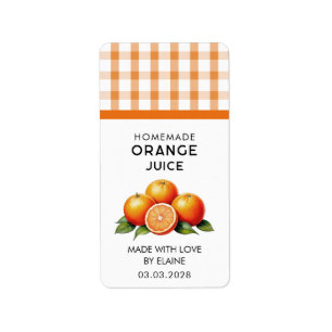 Homemade orange juice with chequered pattern label
