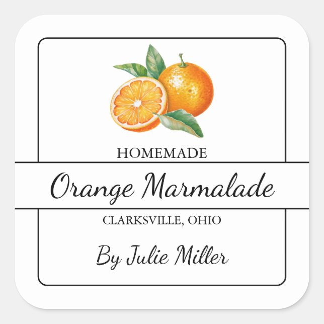 Homemade Orange Marmalade Square Label (Front)