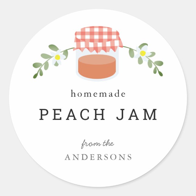 Homemade Peach Jam Jar Floral White Classic Round Sticker (Front)