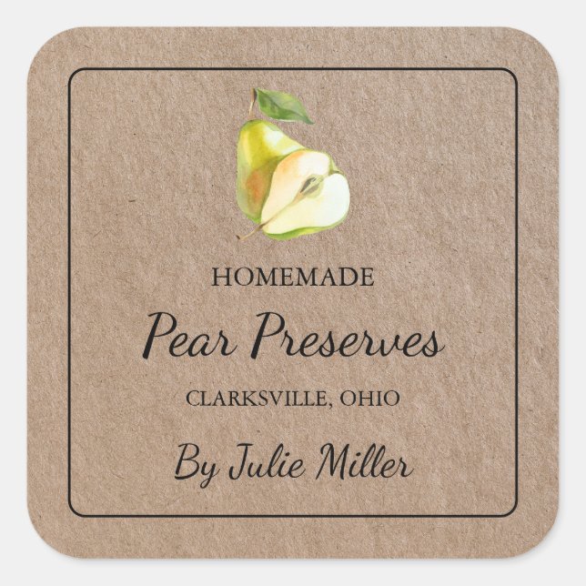 Homemade Pear Preserves Square Kraft Paper Label (Front)