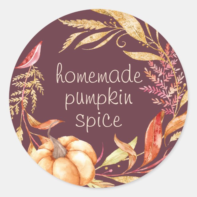 Homemade Pumpkin Spice Watercolor Foliage Burgundy Classic Round Sticker (Front)