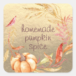 Homemade Pumpkin Spice Watercolor Foliage Gold Square Sticker