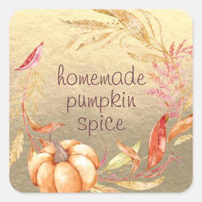 Homemade Pumpkin Spice Watercolor Foliage Gold Square Sticker (Front)