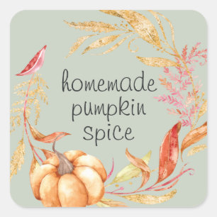 Homemade Pumpkin Spice Watercolor Foliage Green Square Sticker