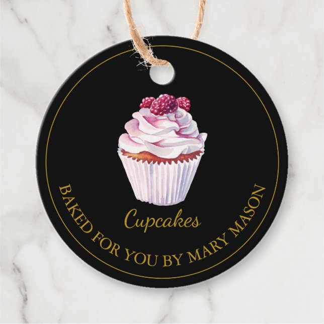 Homemade Raspberry Cupcakes Favour Tags | Black (Front)