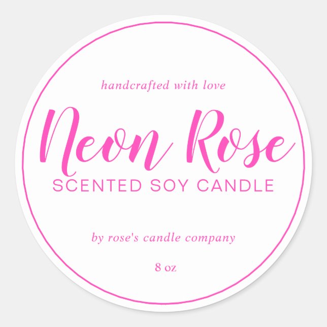 Homemade Soy Candle Chic Calligraphy Neon Pink Classic Round Sticker (Front)