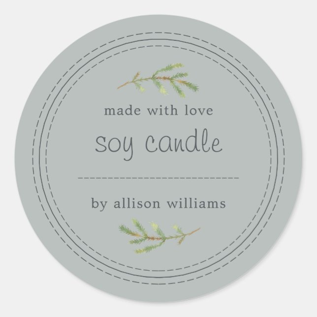 Homemade Soy Candle Pine Sprig Write On Grey Classic Round Sticker (Front)