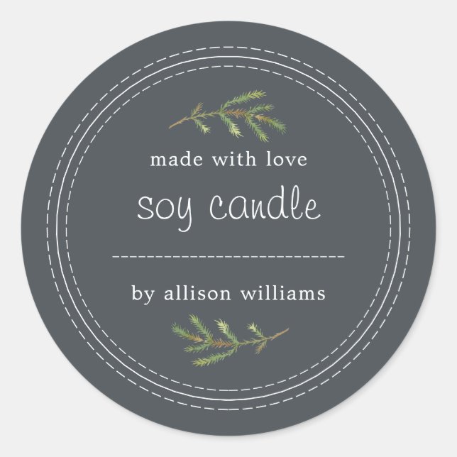 Homemade Soy Candle Pine Sprig Write On Off-Black Classic Round Sticker (Front)