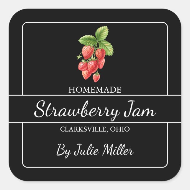 Homemade Strawberry Jam Square Label Black (Front)