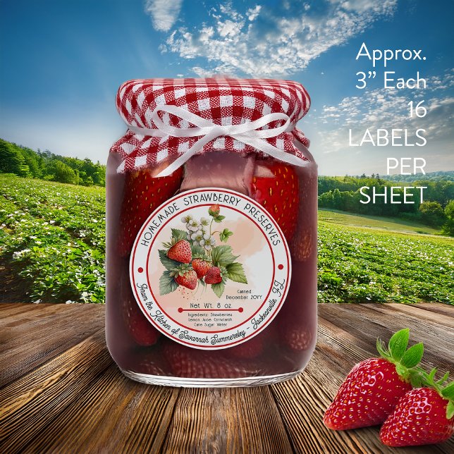Homemade Strawberry Preserves Canning 3 In 16Sheet (Homemade Strawberry Preserves Canning Vinyl Canning Labels -- 16 Kiss Cut 3" Stickers Per Sheet)