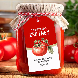 Homemade tomato chutney with red tomato gift tags