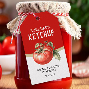 Homemade tomato ketchup with red tomato gift tags