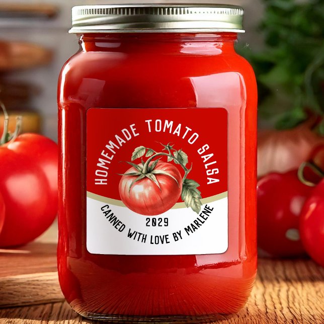 Homemade tomato salsa with red tomato square sticker (Creator Uploaded)