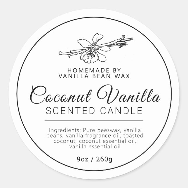 Homemade vanilla coconut candle ingredients classic round sticker (Front)