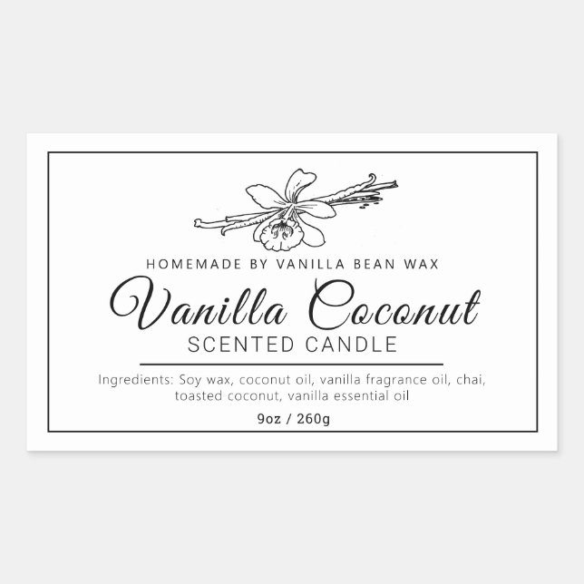 Homemade vanilla coconut mono ingredients candle rectangular sticker (Front)