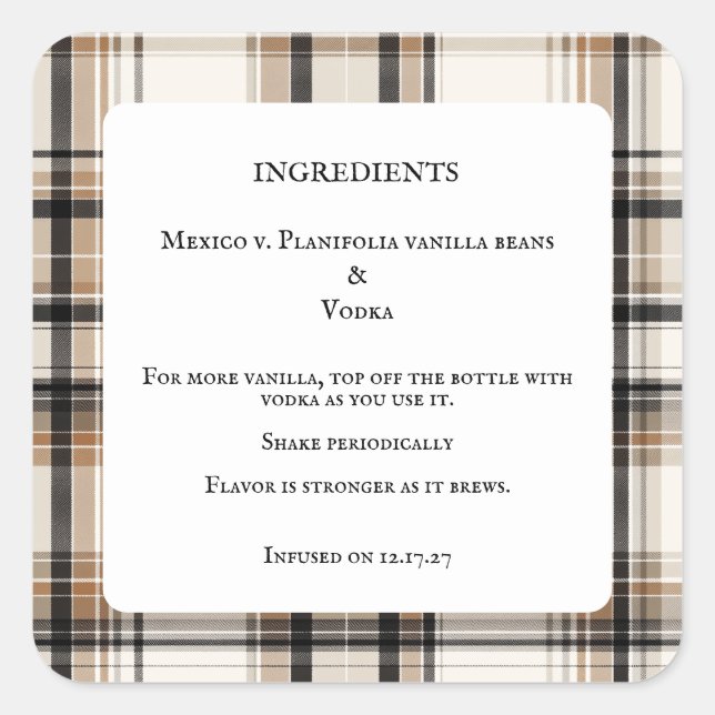 Homemade Vanilla Extract Bottle Ingredients Labels (Front)