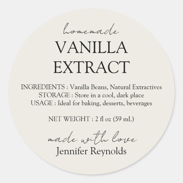 Homemade Vanilla Extract ivory beige Instructions Classic Round Sticker (Front)